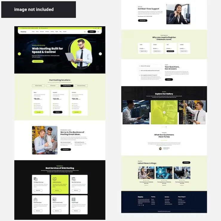 Long-form hosting website with service comparisons, pricing and support sections