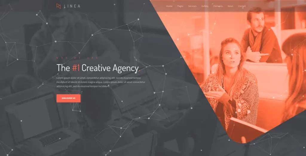 Split-screen creative agency website using charcoal and orange photography