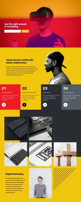 Bold multimedia agency website using red, yellow and charcoal panels