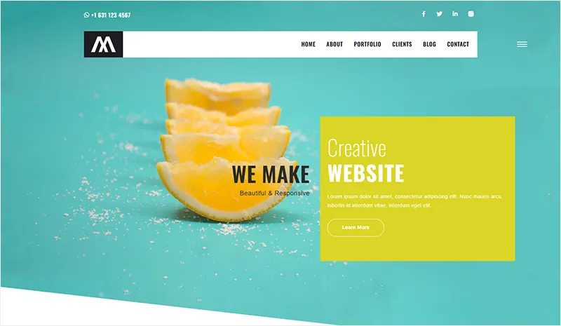 Bright turquoise creative website with lemon photography and a yellow content panel