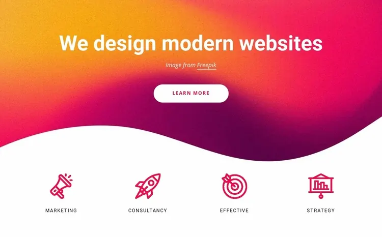 Modern website design concept with a pink and orange gradient and simple service icons