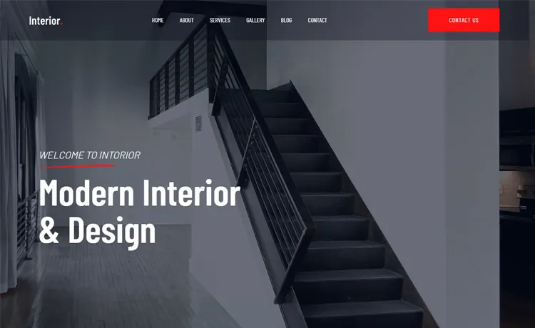 Dark interior design website hero with strong photography and a red contact button