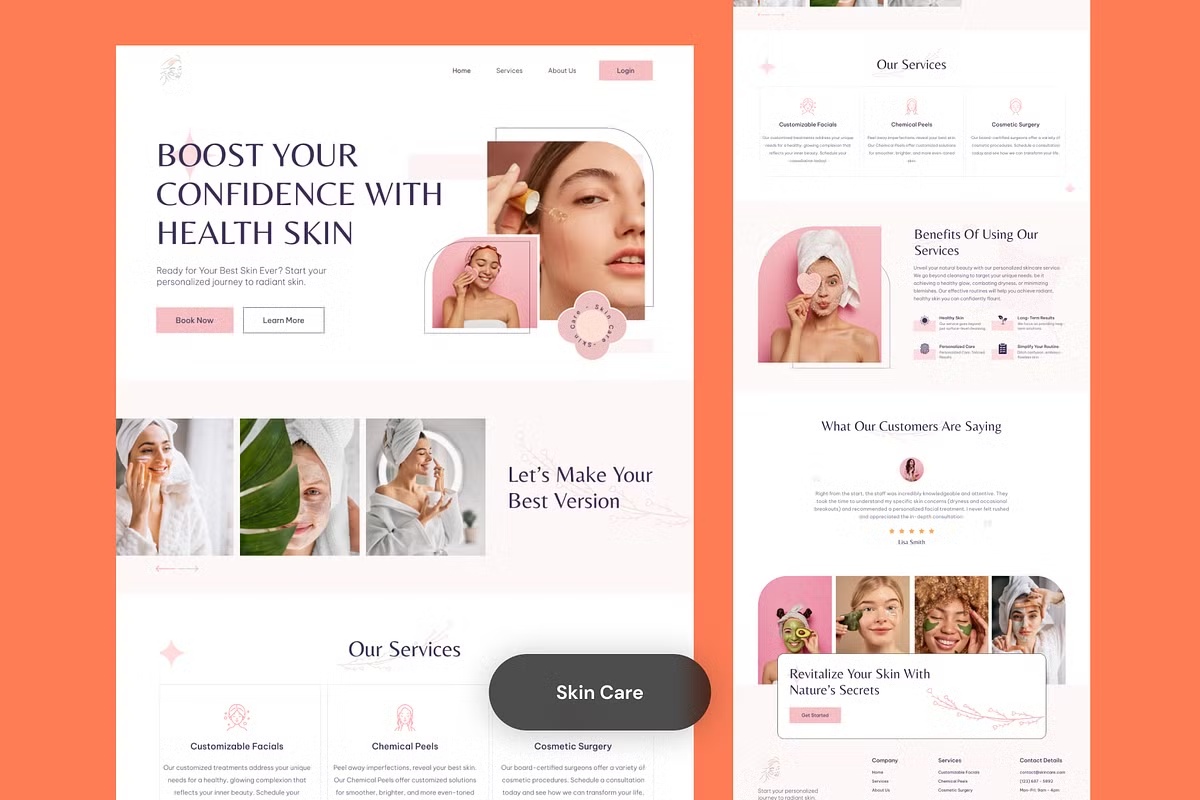 Skin care and beauty business website design concept showing a complete responsive landing page